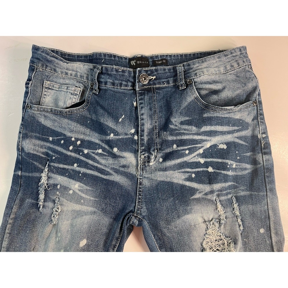 Waimea Jeans Mens Size‎ 36x40 Blue Skinny Fit Washed Denim Distressed Spotted
